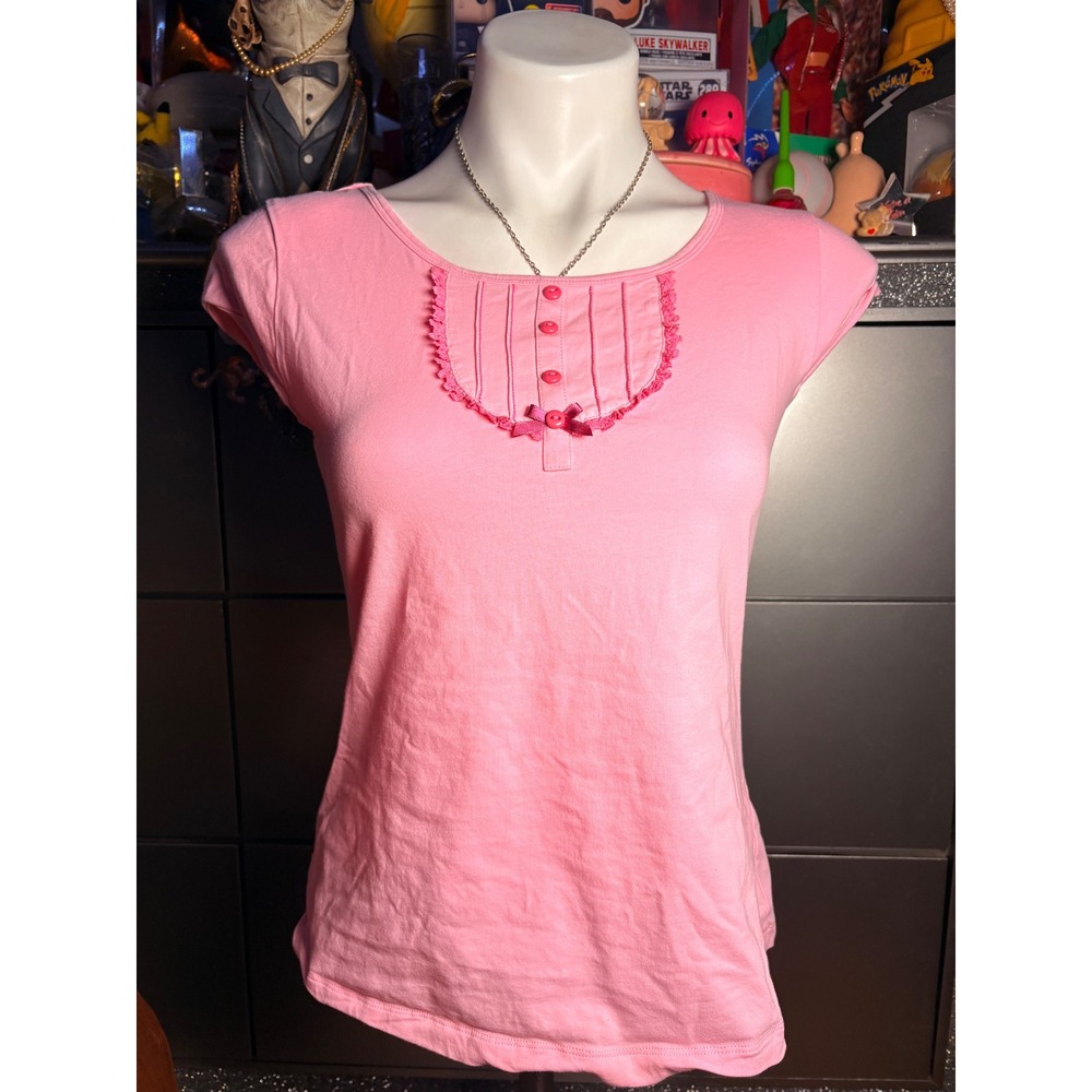 Y2K Wow Pink Cap Sleeve Bib Front Pleated Lace Trim Bow Top Coquette Tee #2